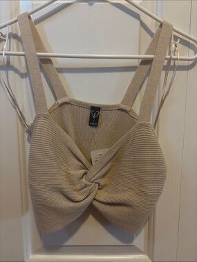 Windsor Beige Twist-Front Ribbed Crop Top